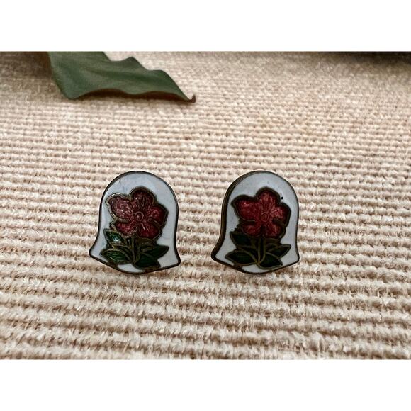 Vintage Bell-Shaped Floral Enamel Stud Earrings - Picture 7 of 9